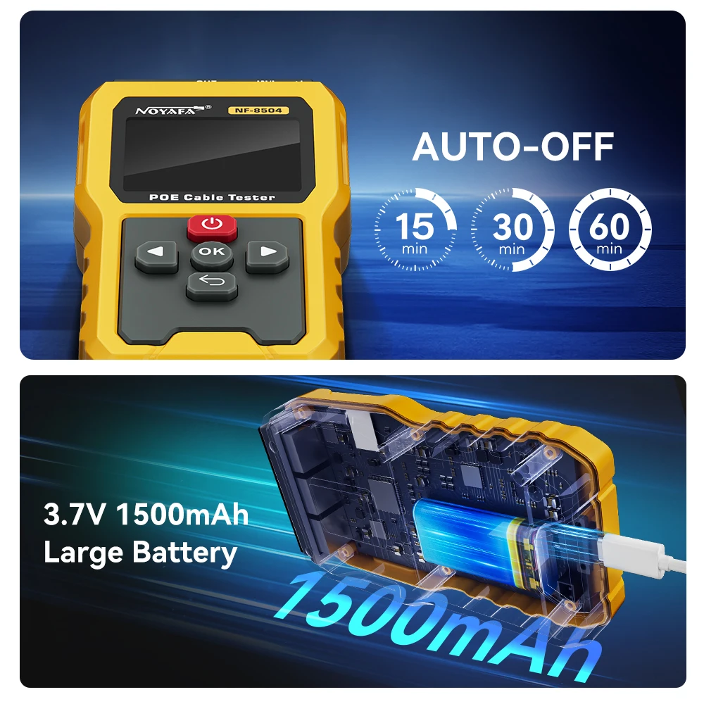 Noyafa NF-8504 تستر rj45 LCD شبكة كابل تستر PoE مدقق مضمنة الجهد فاحص التيار الكهربائي مع كابل تستر Lan تستر سلك