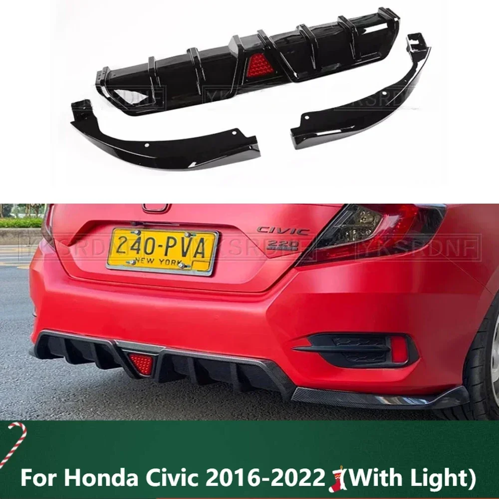 New！High Quality ABS Bright Black & ABS Carbon Bumper Lip Rear Trunk Diffuser Spoiler For Honda Civic 2016-2022（With Light）