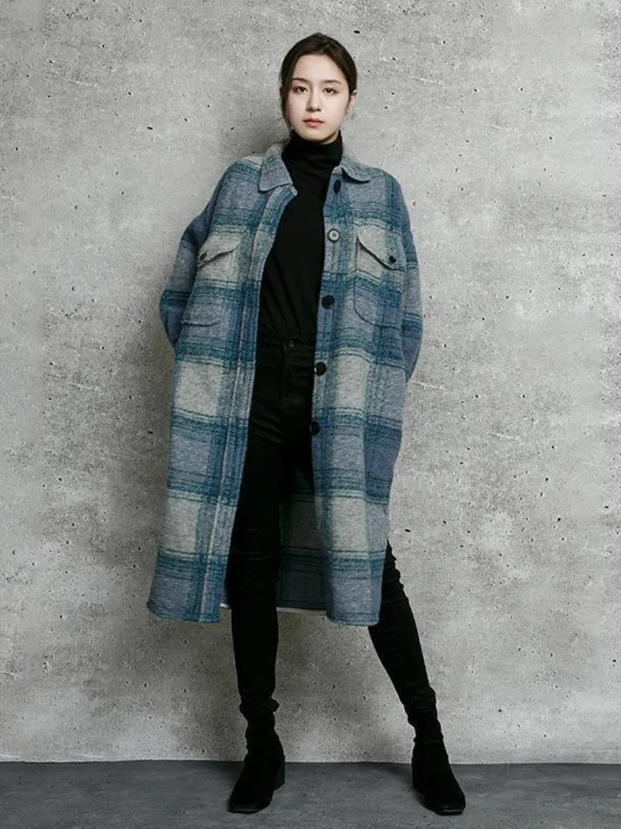 

Women's Plaid Thickened Flocking Coat Autumn Winter Loose plus Size Blue Tartan Woolen Multi-piece Set Medium Length