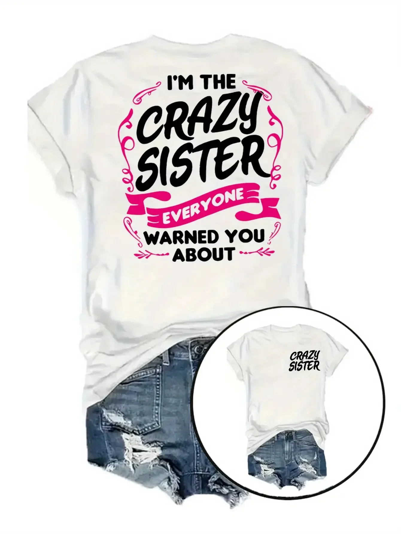 Crazy Sister Women's Tee - Funny Sister  Graphic  Casual Black Top  Shirts for Women Kpop