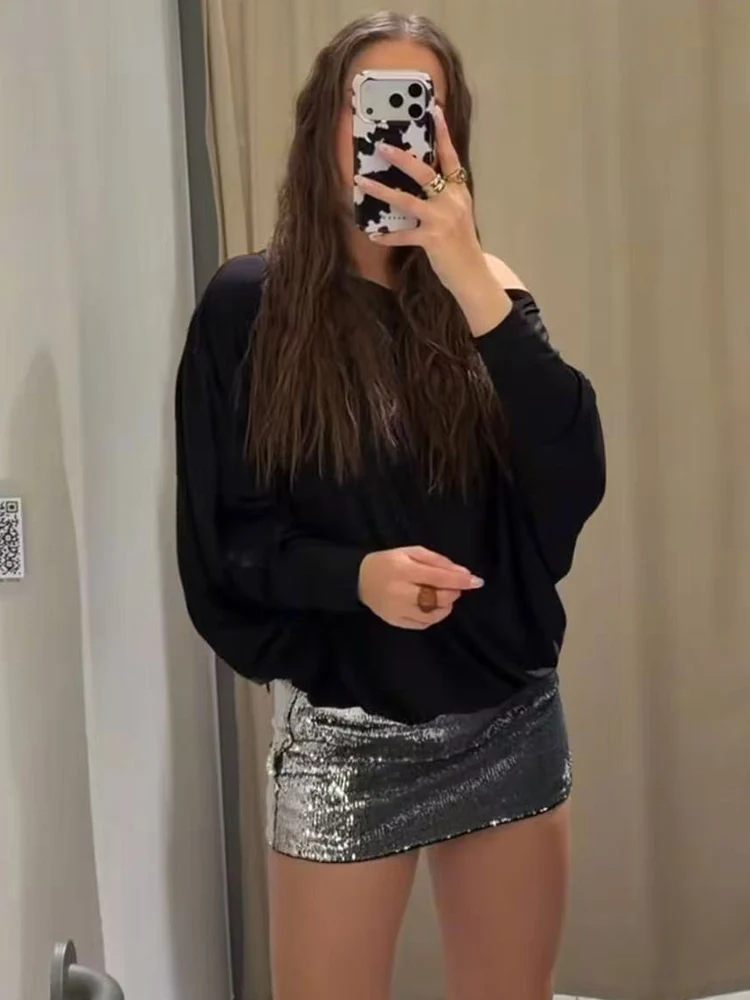 TFMLN 패션 여성 스팽글 스플라이싱 드레스 캐주얼 라운드 칼라 파티 클럽 미니 드레스 긴 소매 슬림 여성 섹시 의류