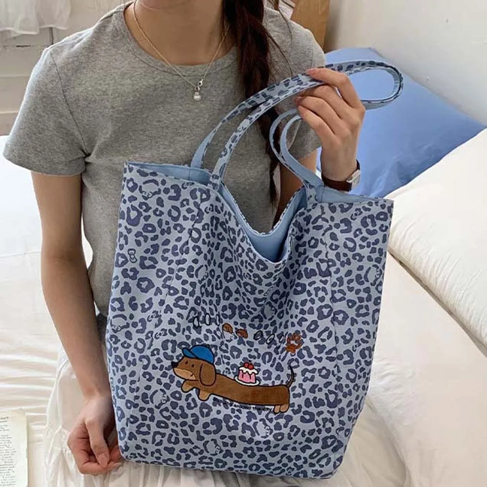 Double-Sided Dachshund Canvas Bag Foldable Large Capacity Canvas Shoulder Purses Casual Lightweight Leopard Bag School