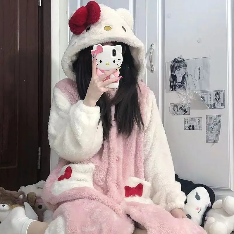 

Cartoon Anime Sanrio Hello Kitty Plush Pajamas Set Winter Warm Facecloth Hooded Robe Nightgown Leisure Homewear Two-piece Set