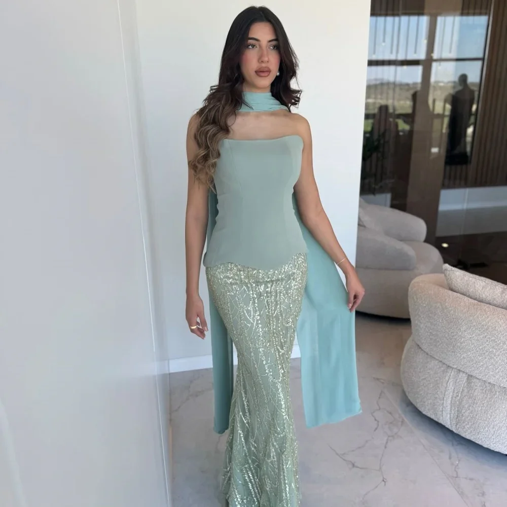 

Зеленый комплект из двух предметов с блестками, халаты для вечеринок, длинные шелковые шарфы, вечерние платья с открытой спиной, платье для выпускного вечера без бретелек 2025