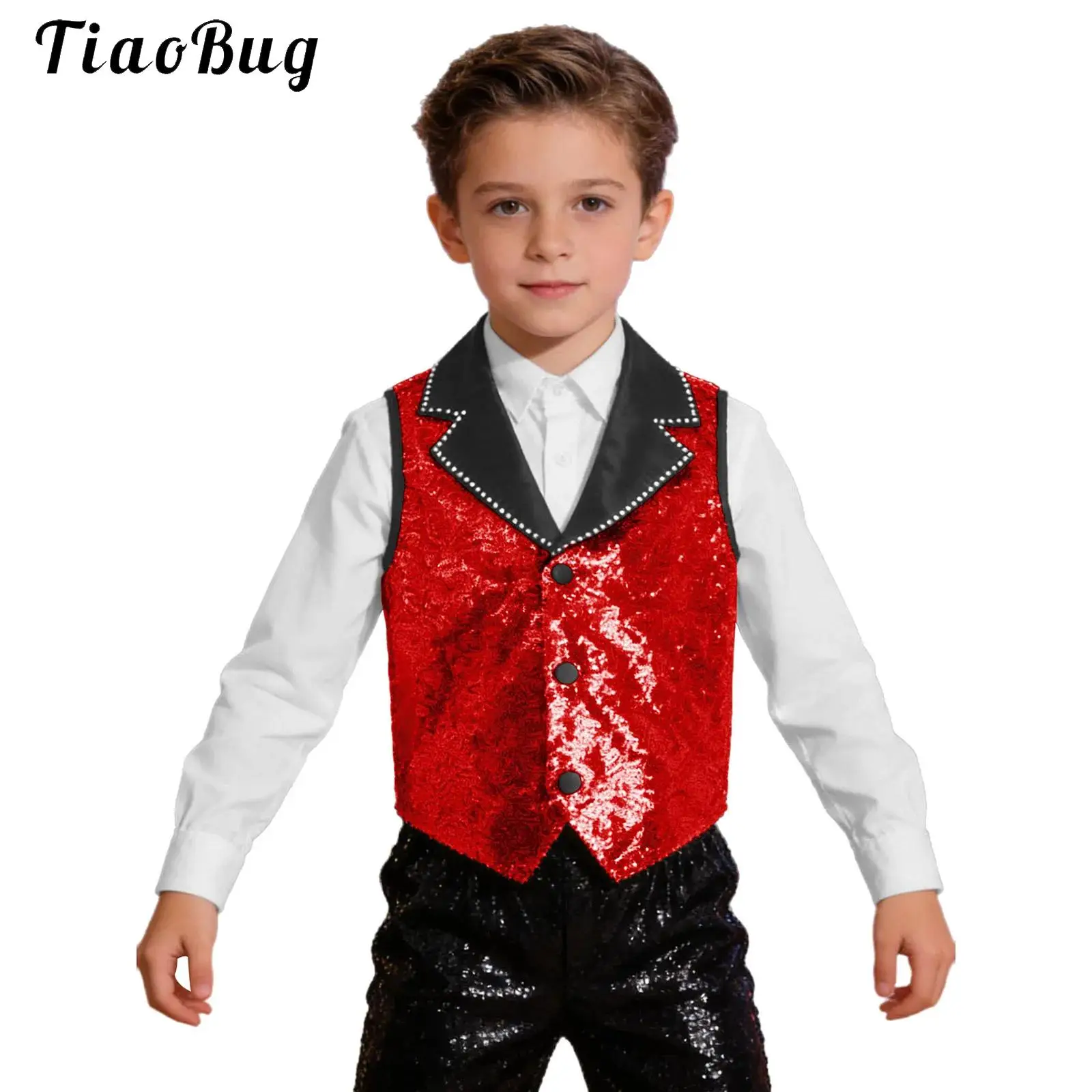 

Kids Boys Girls Shiny Sequin Vest Waistcoat Lapel Asymmetrical Hem Jacket Outerwear Disco Jazz Hip Hop Dance Performance Costume