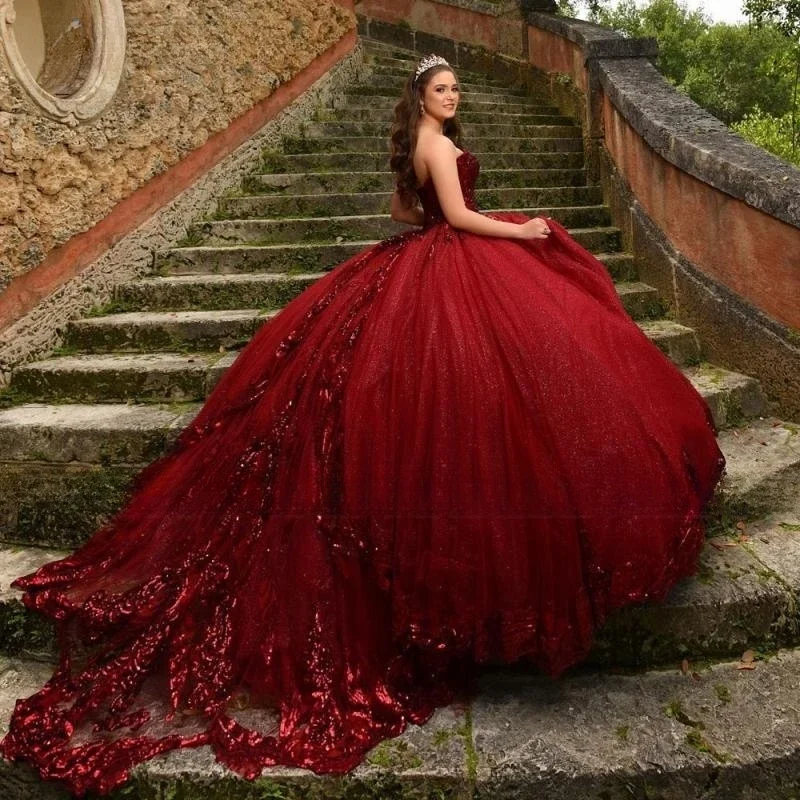 Vestidos Quinceanrea Borgonha com apliques de renda, vestido de baile, vestido de baile, vestido princesa, vinho tinto, querida, 15, 16, 2024