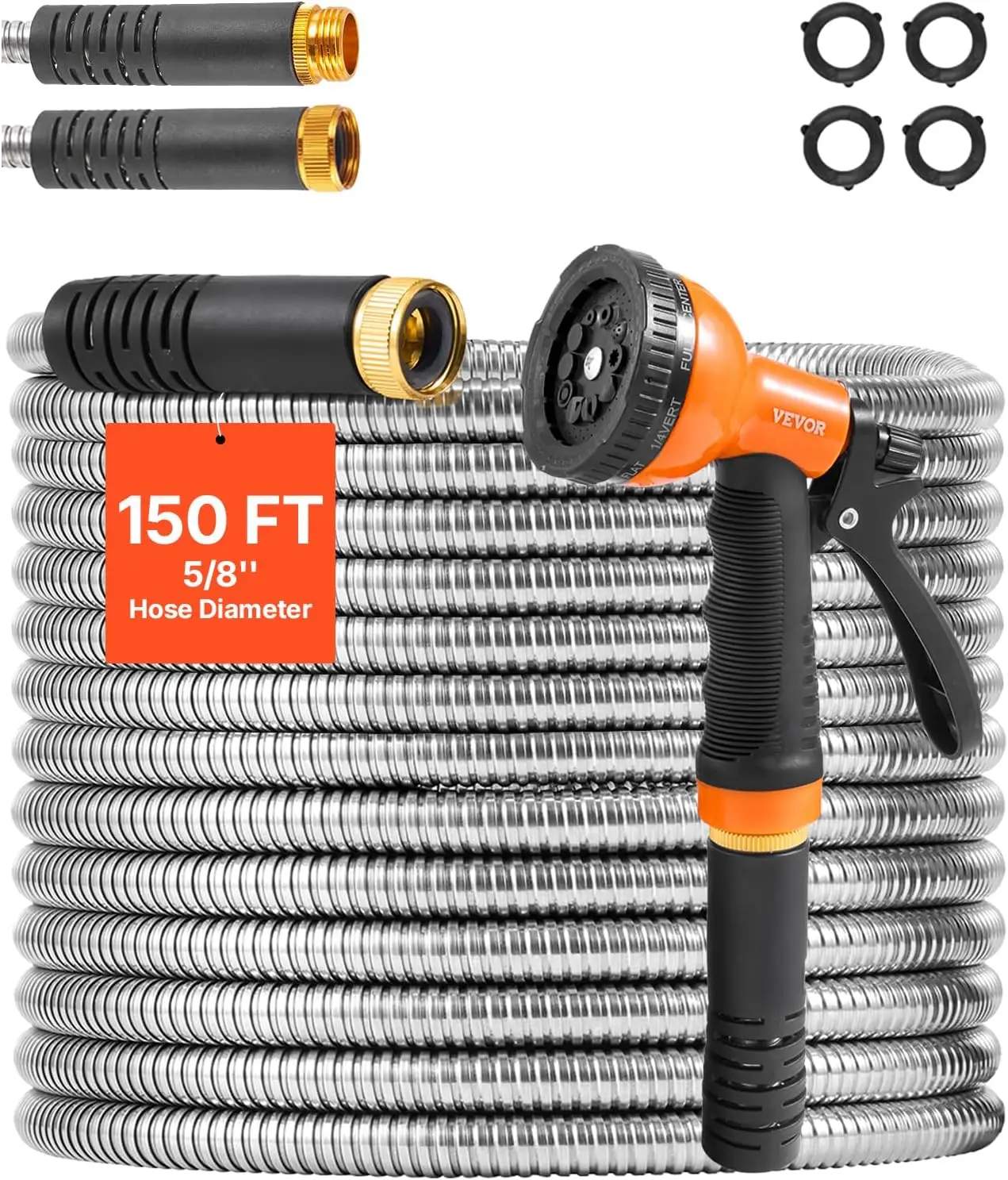 

150ft Stainless Steel Garden Hose with 10-Function Nozzle, Kink-Free & Lightweight for Outdoor Use