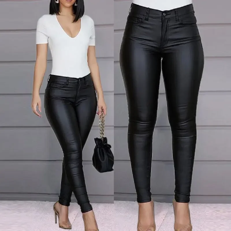 Spring and Autumn Simple Pure Color Pu Leather Sexy Small Leg Pants Casual High Waist Slim Fit Pants for Women