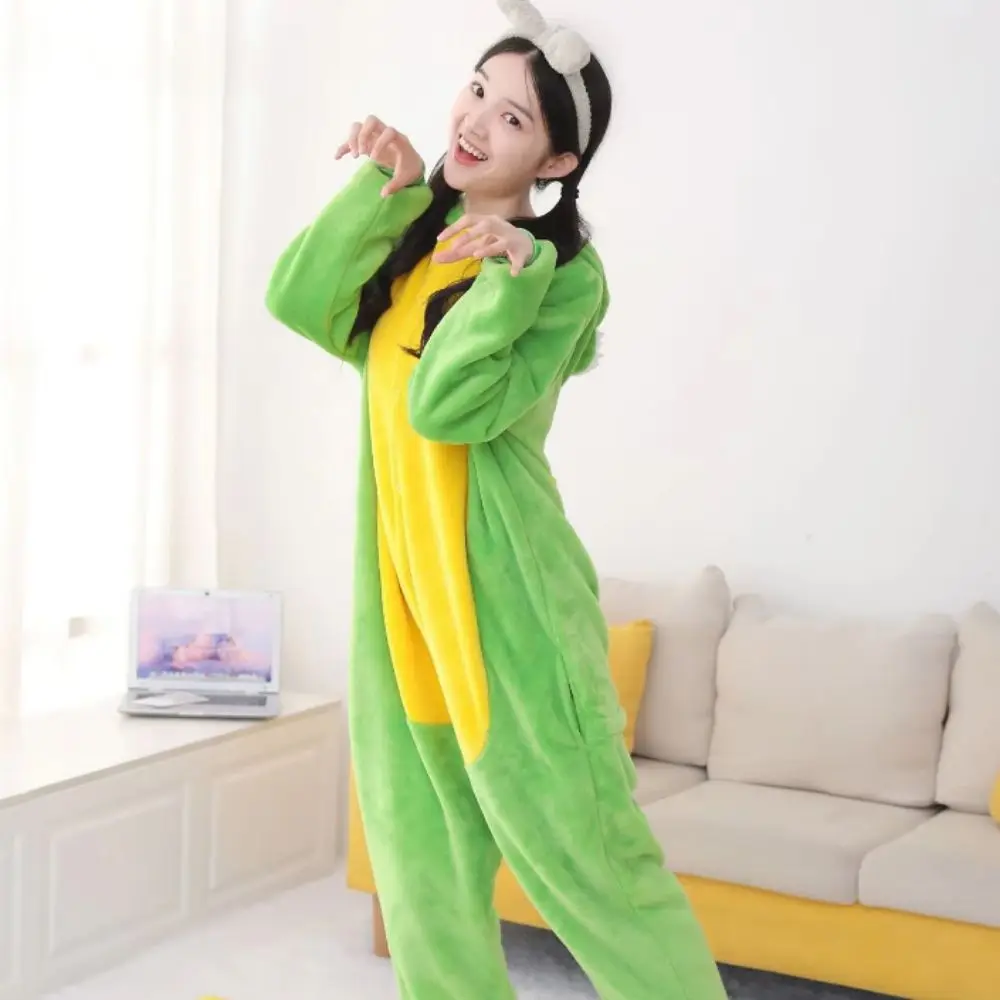 Outfits Flanell-Pyjamas Cartoon Grüne Overalls Warme Bequeme Tier-Cosplay-Kostüme für Frauen – Detail 3