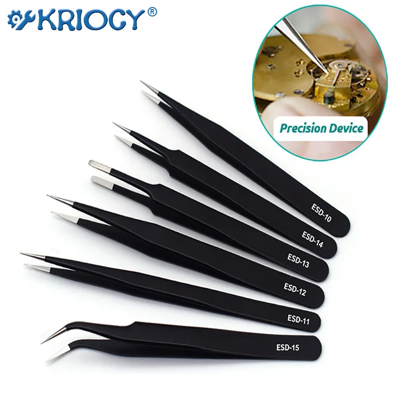 ESD Anti-Static Stainless Steel Tweezers Precision Maintenance Industrial Repair Curved Tool Home Working Model Making Hand Tool