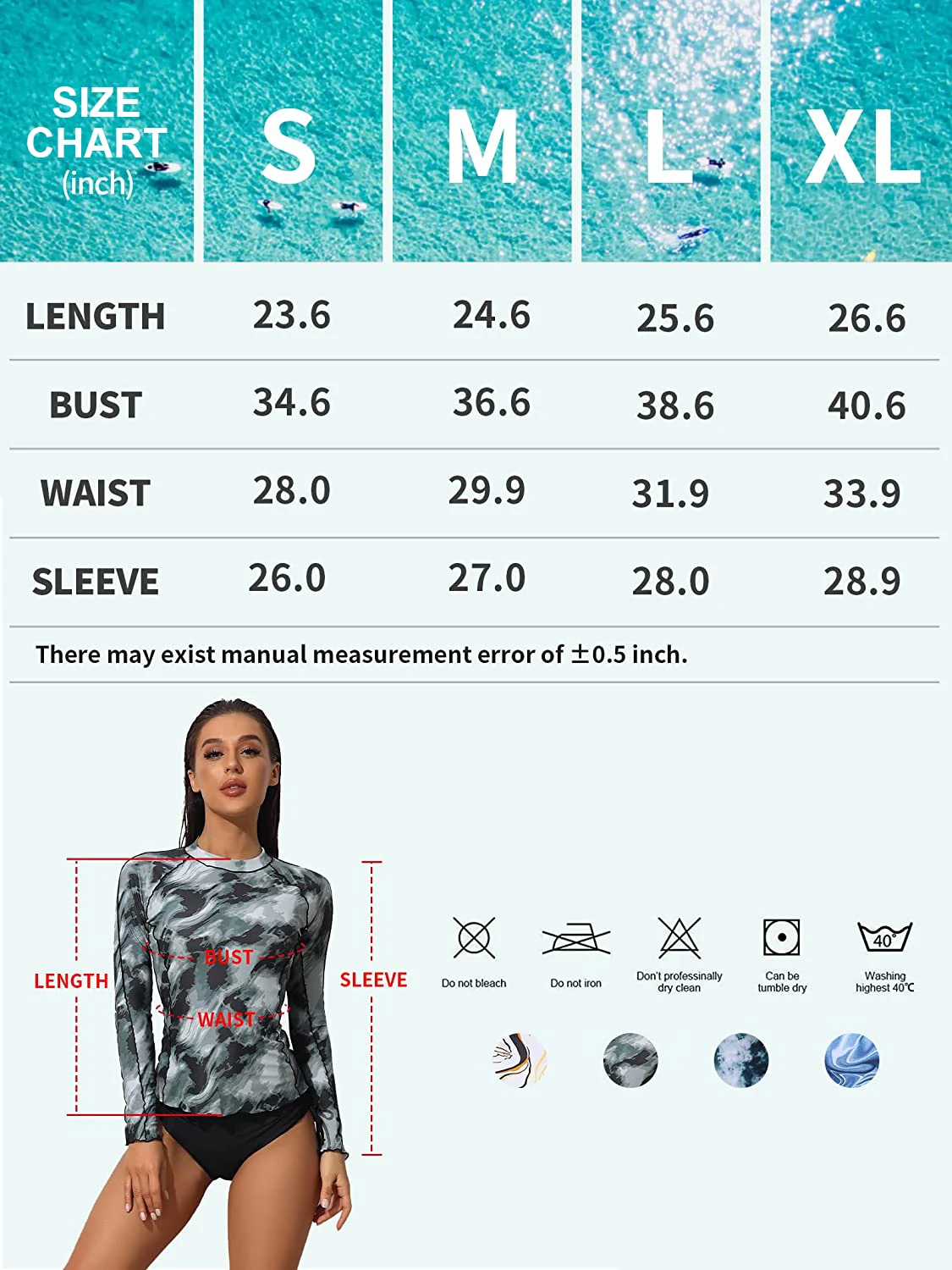 Anfilia Women Long Sleeve Rash Guard Shirts Swimwear Rash Guard Top Surf Top Tie Dye Printing Close-fitting Shirt UPF 50+