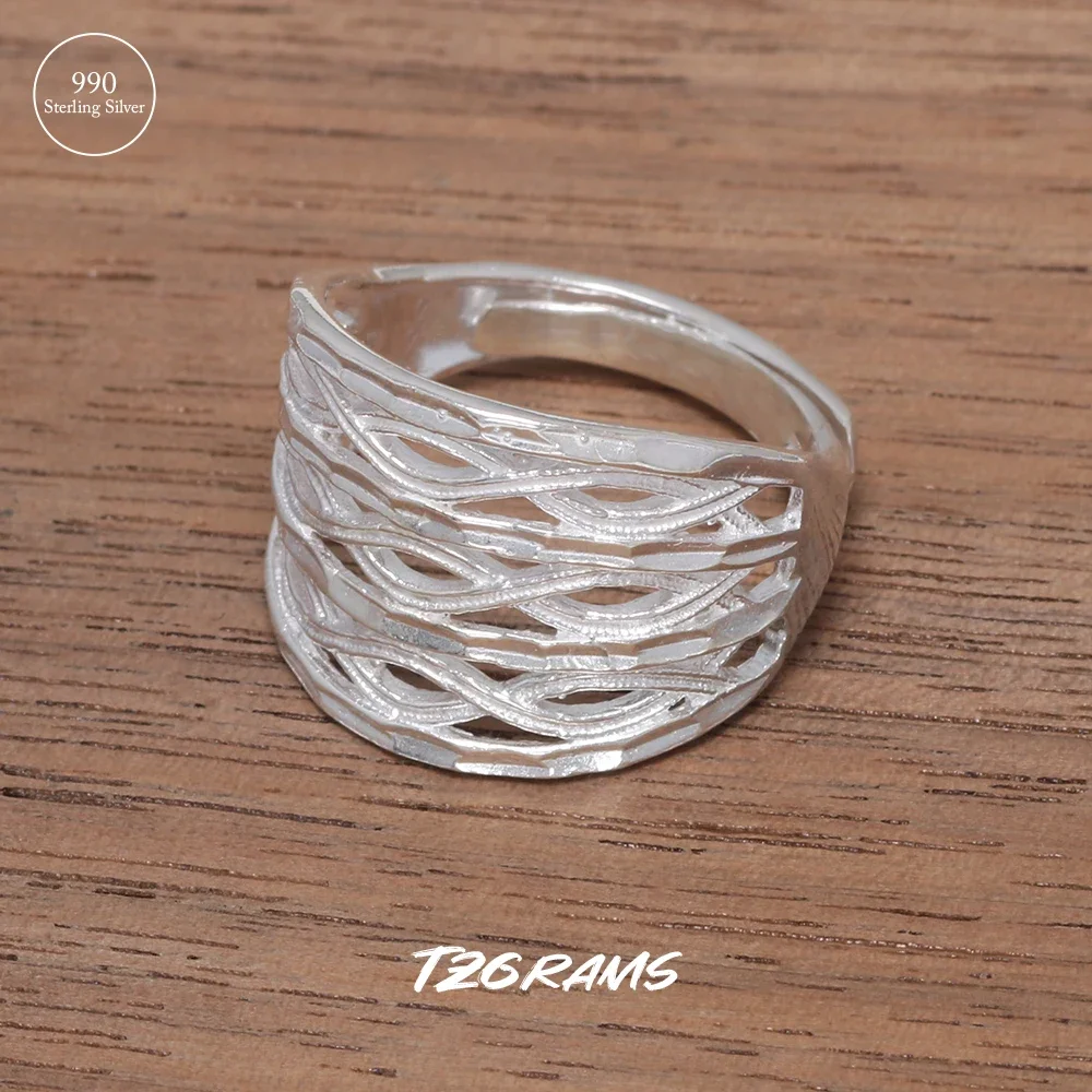 

990 Pure Silver Geometric Wave Pattern Ring for Women Hollow Craved Retro Boho Ethnic Style Fashion Jewelry
