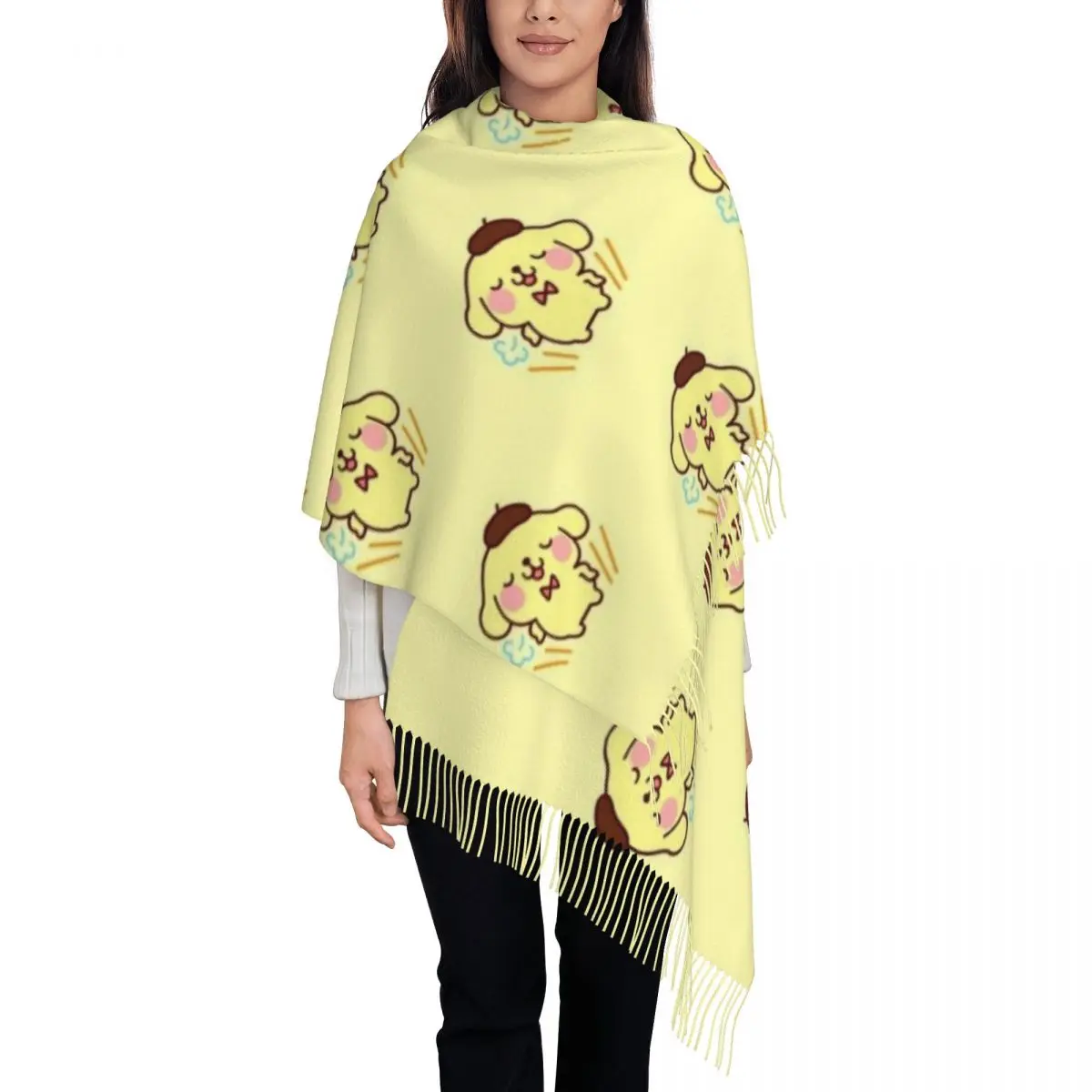 

Custom Luxury Pompompurin Cartoon Tassel Scarf Women Winter Warm Shawl Wrap Female Scarves