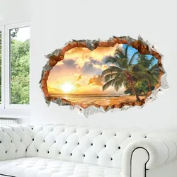 Sunrise Sea View Poster Wallpaper Aesthetic Room Wall Hole Art Beach Palm Tree Scenery Vinyl Mural Stickers for Home Decorations