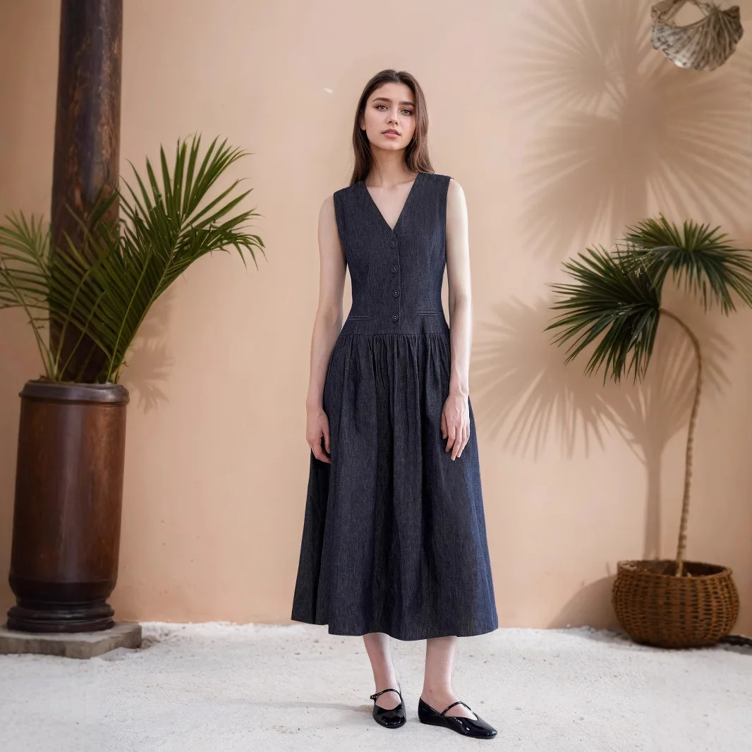 

Summer New Design V-neck Pocket Midi Dress Elegant Simple Casual Loose Sleeveless Dress Summer Long Dress Clothing Lace Femme