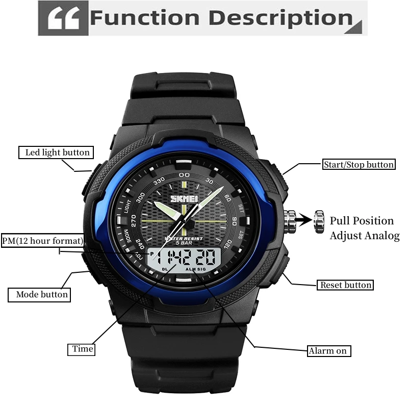 Skmei Men’s Sports Watches Fashion Three Time Zone LED Waterproof Analog Digital Alarm Clock 12/24 Hour Military Wristwatch