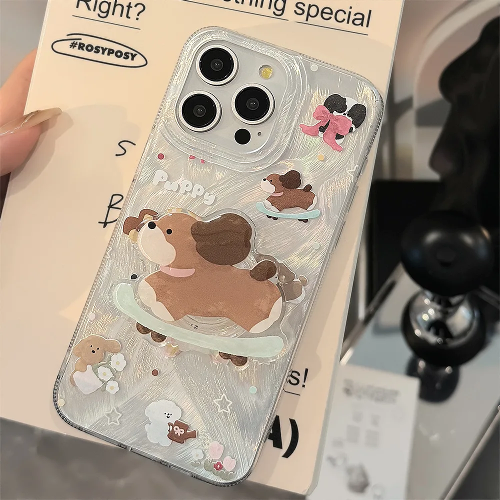 Koreanische süße Cartoon-Skateboard-Welpen-Halterung, Handyhülle für iPhone 16, 15, 14, 13, 12, 11, Pro Max, stoßfeste Schutzhülle