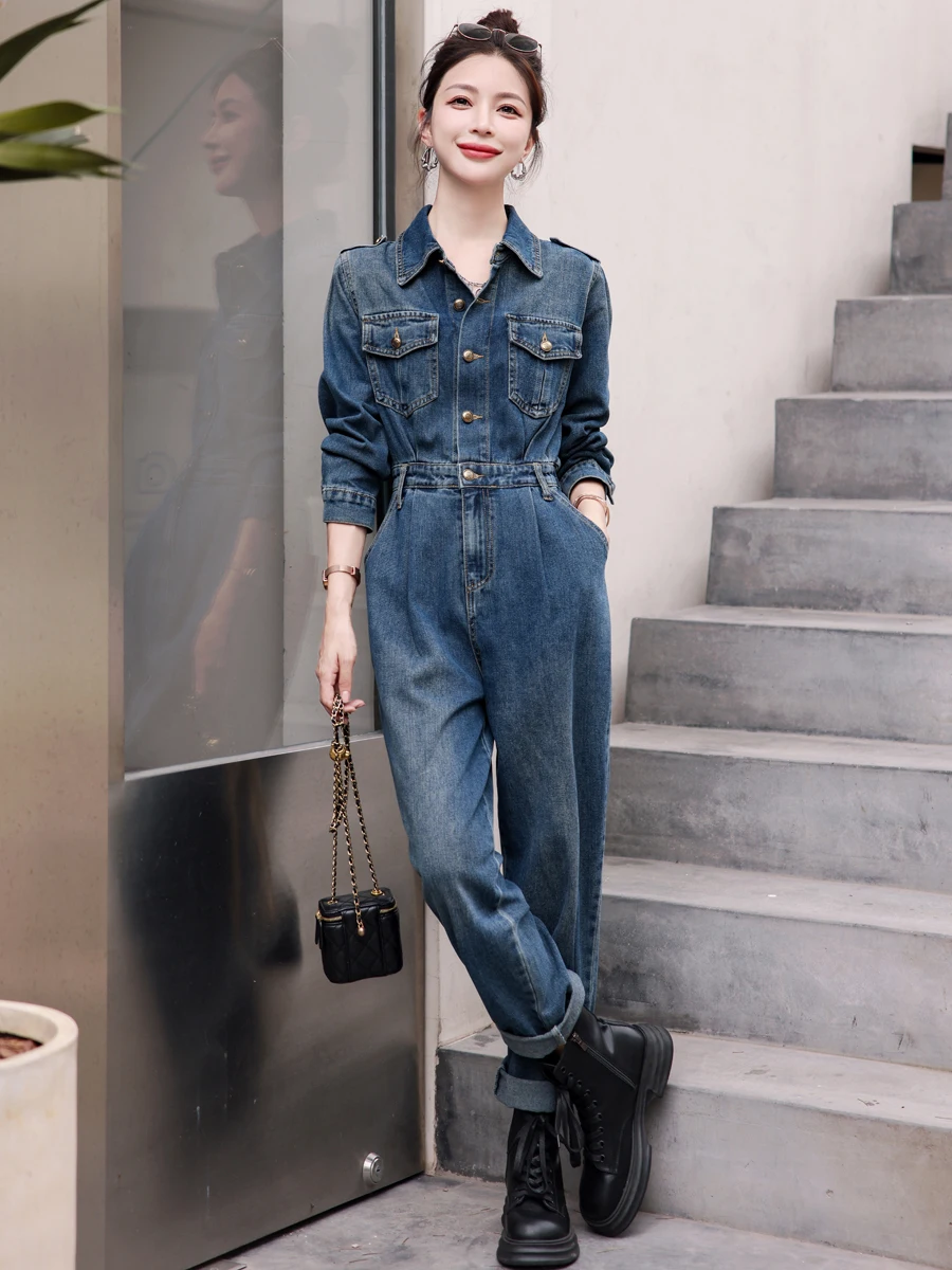 

Женский джинсовый комбинезон с высокой талией, рабочая одежда, осенняя коллекция, облегающий, омолаживающий, цельный костюм, износостойкий