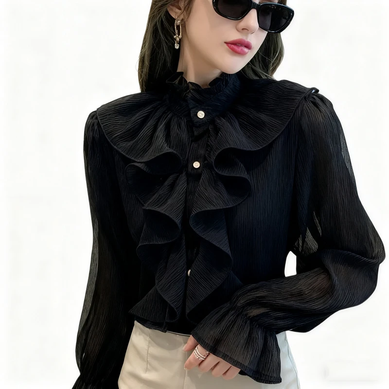 Colletto alla coreana elegante camicia in chiffon di pizzo increspato nuove donne allentate soffio manica lunga camicetta di chiffon primavera dolce top vestiti 12946