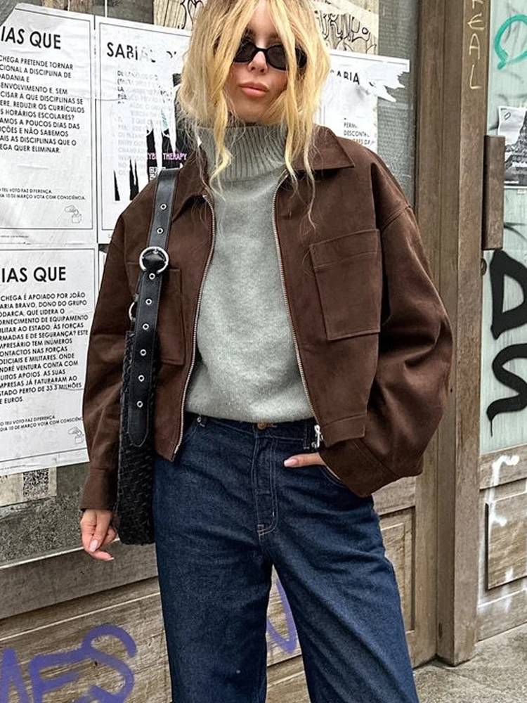 Brown Suede Cropped Jacket Lapel Collar Full Zip Flap Pockets Loose Vintage Streetwear Cargo Outerwear Y2K 202606H