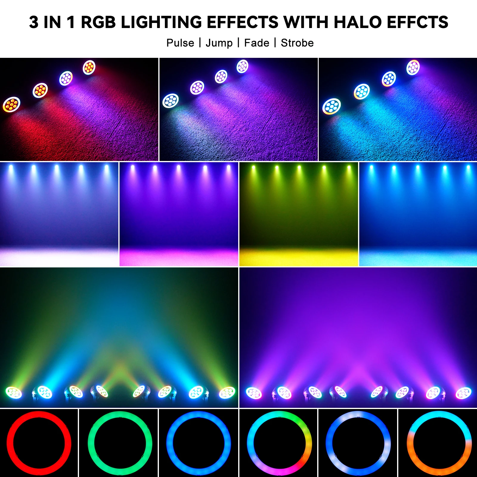 8PCS Mini Par Lights 7LED RGB 4IN1 Stage Par Light w/Halo Light Strip Remote Control DJ Disco Lights Effect Lighting for Theater