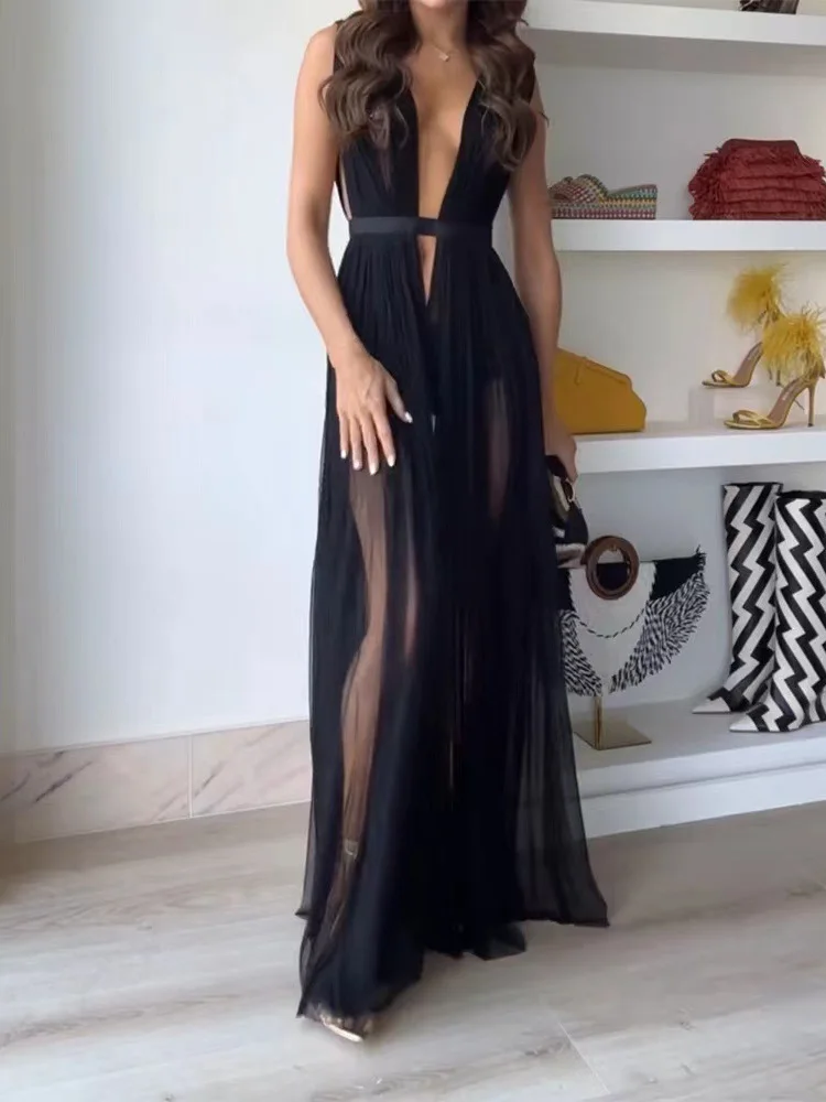 

Deep V Neck Patchwork Women Backless Dresses Elegant Femme Summer Holiday Solid Dress Sexy Hollow Out Ladies Beach Dress Vestido