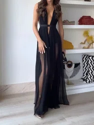 Deep V Neck Patchwork Women Backless Dresses Elegant Femme Summer Holiday Solid Dress Sexy Hollow Out Ladies Beach Dress Vestido