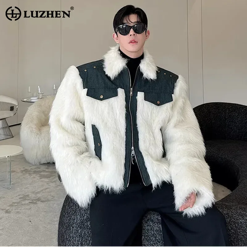 LUZHENผู้ชายฤดูใบไม้ร่วงฤดูหนาวOuterwear Faux Fur Washed Denim Patchworkเสื้อส่วนบุคคลอินเทรนด์หล่อเสื้อแจ็คเก็ตLZ6845