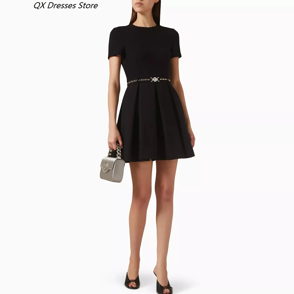 Women Black Round Neck Short Sleeve Mini Dress Studded Belt Fit and Flare Pleated Elegant Cocktail Party Evening Dress