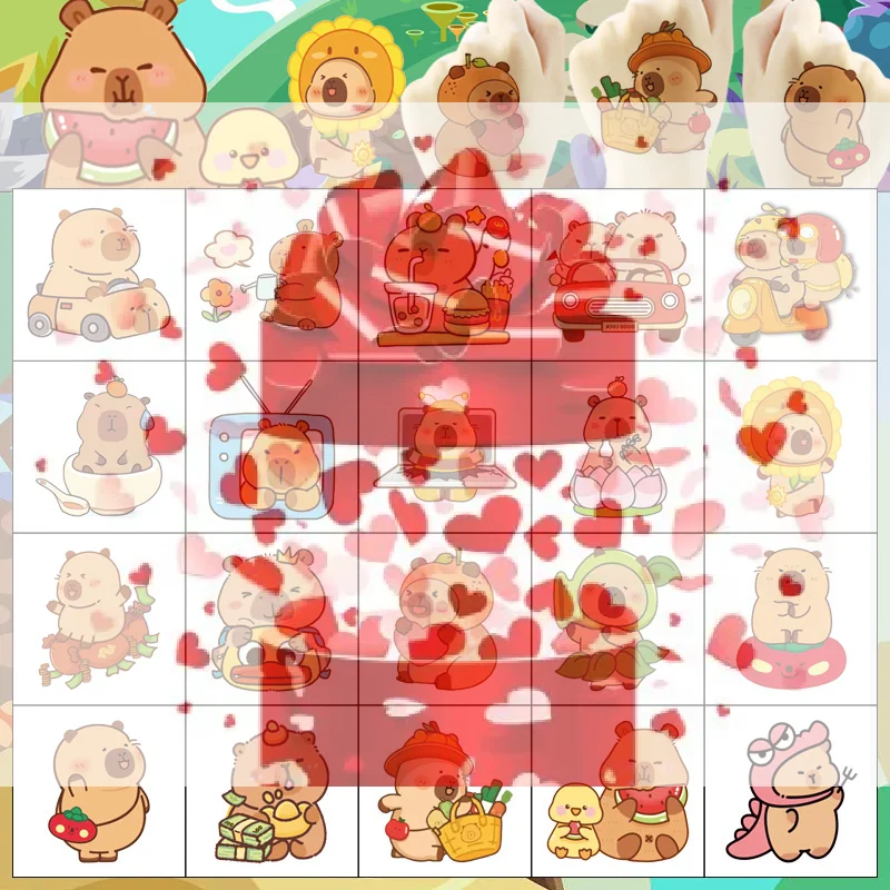 20 sztuk/zestaw Nowe tatuaże tymczasowe z kapybarą, urocze tatuaże z świnką morską, kreskówkowe, wodoodporne dla dzieci, zabawny prezent urodzinowy