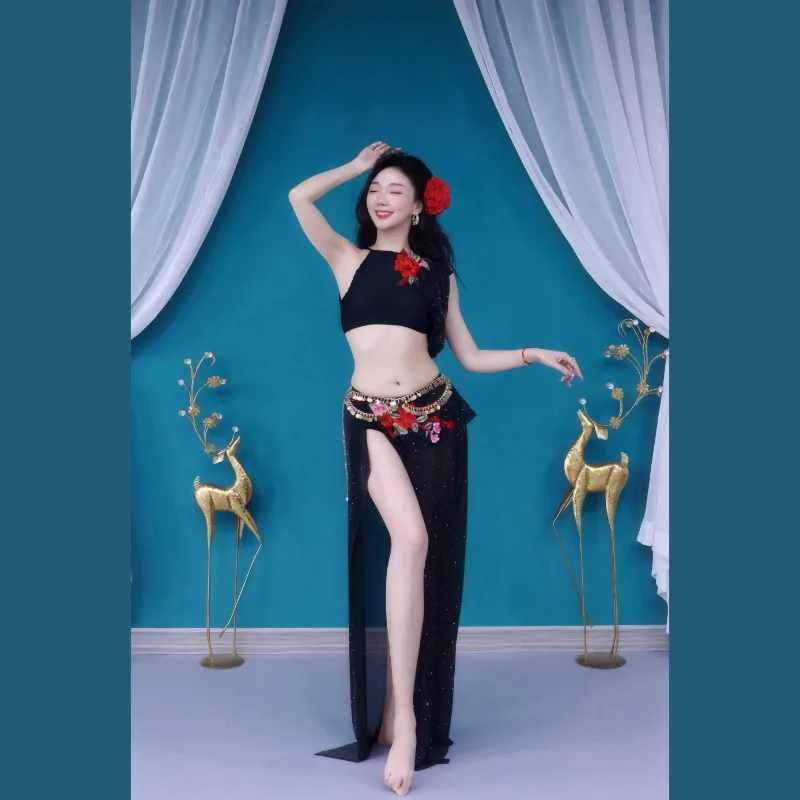 Trajes de danza del vientre personalizados, traje de práctica, Top de malla de diamante resistente, falda larga, conjunto negro, cadena de cintura dorada y plateada