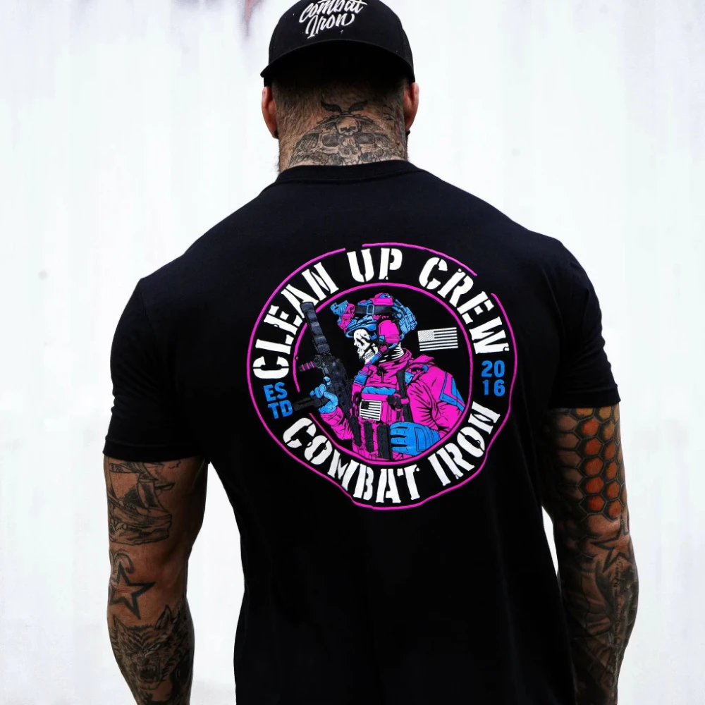 2026 Circle Pink Skeleton Tactical Soldier T-Shirt Mens Cotton O-neck Retro Round Frame Print Military Short Sleeve Tee