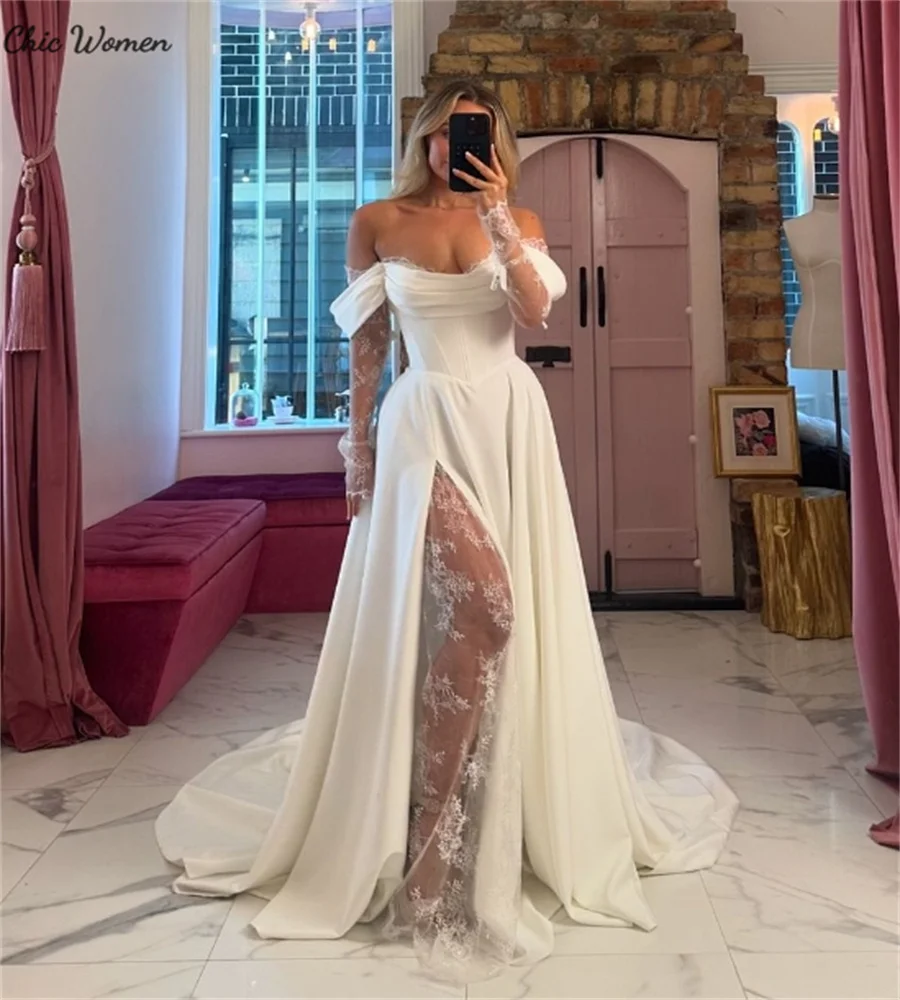 

Charming Plus Size Wedding Dresses A Line Off Shoulders Lace Boho Bridal Gowns Elegant Beach Bohemian Vestio De Novia Customized