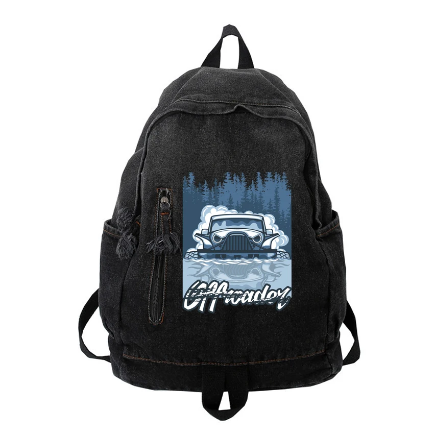 Boys Girls Unisex Vintage Washed Denim School Bag Women Man Travel Matching Backpack Off-road Vehicle Pattern Printed Rucksacks