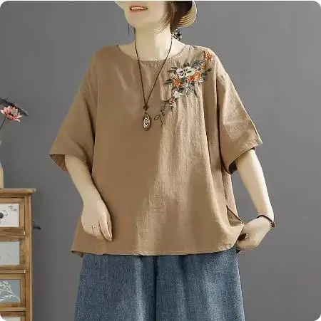 Embroidered 2024 Summer T-Shirt Women's Cotton Loose Bat Sleeve Casual T-shirt Tops Tees Oversized T Shirt Kimono Mujer