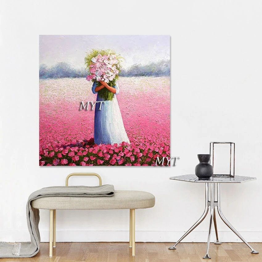 

Natural Landscape Picture Wall Canvas Art Modern Figure Abstract Oil Painting No Framed,Girl Standing In The Pink Flower Field