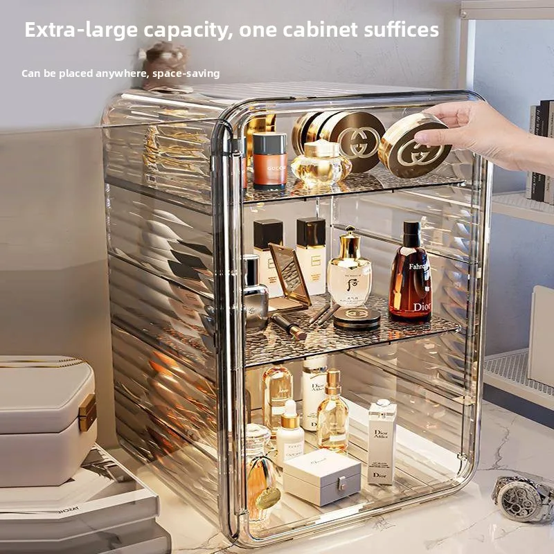 

Plastic Cosmetic And Skincare Storage Organizer Shelf Dustproof Desktop Organizer Box Simple Style Jewelry Box Storage Solution