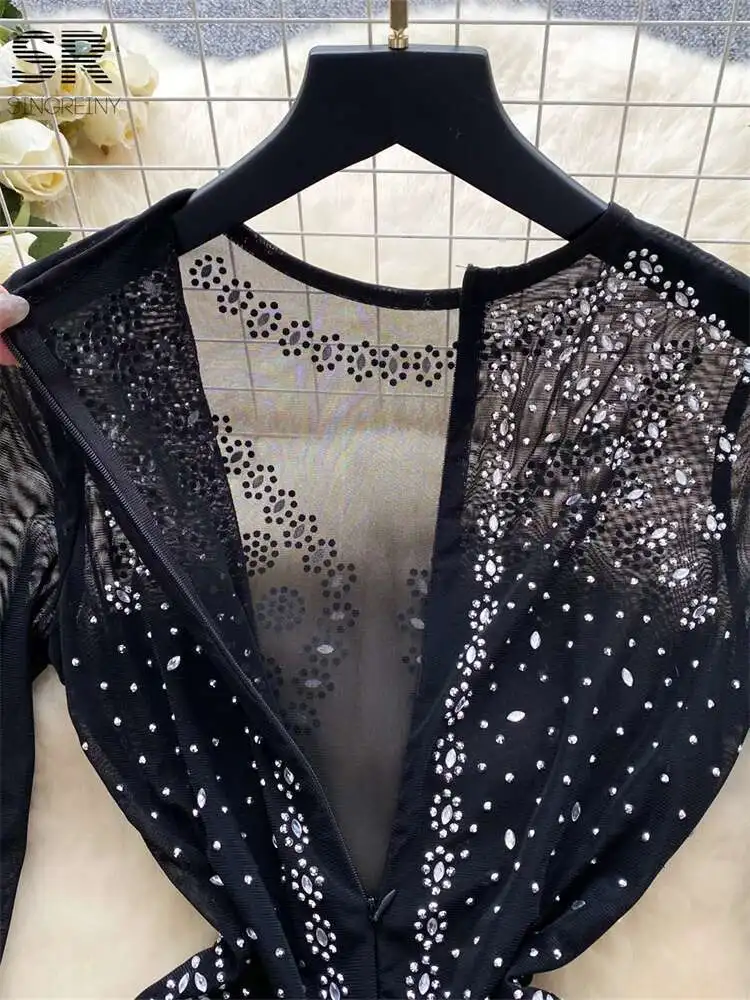 BabYoung Perlen Quaste Frauen Langarm O Hals Mode Mesh Elastische Reißverschluss Design 2024 Sheer Senior Party Kleider