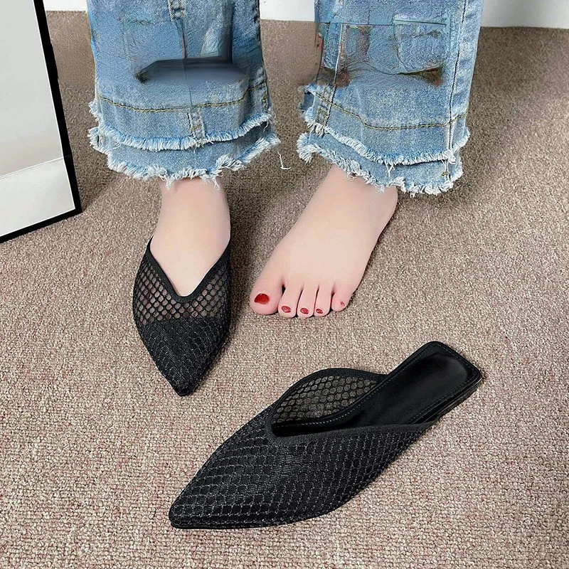 Fashionable Pointed Toe Half Slippers Women 2024 Summer New Women\'s Mesh Hollow Slippers Plus Size Outdoor Leisure Mules Shoes