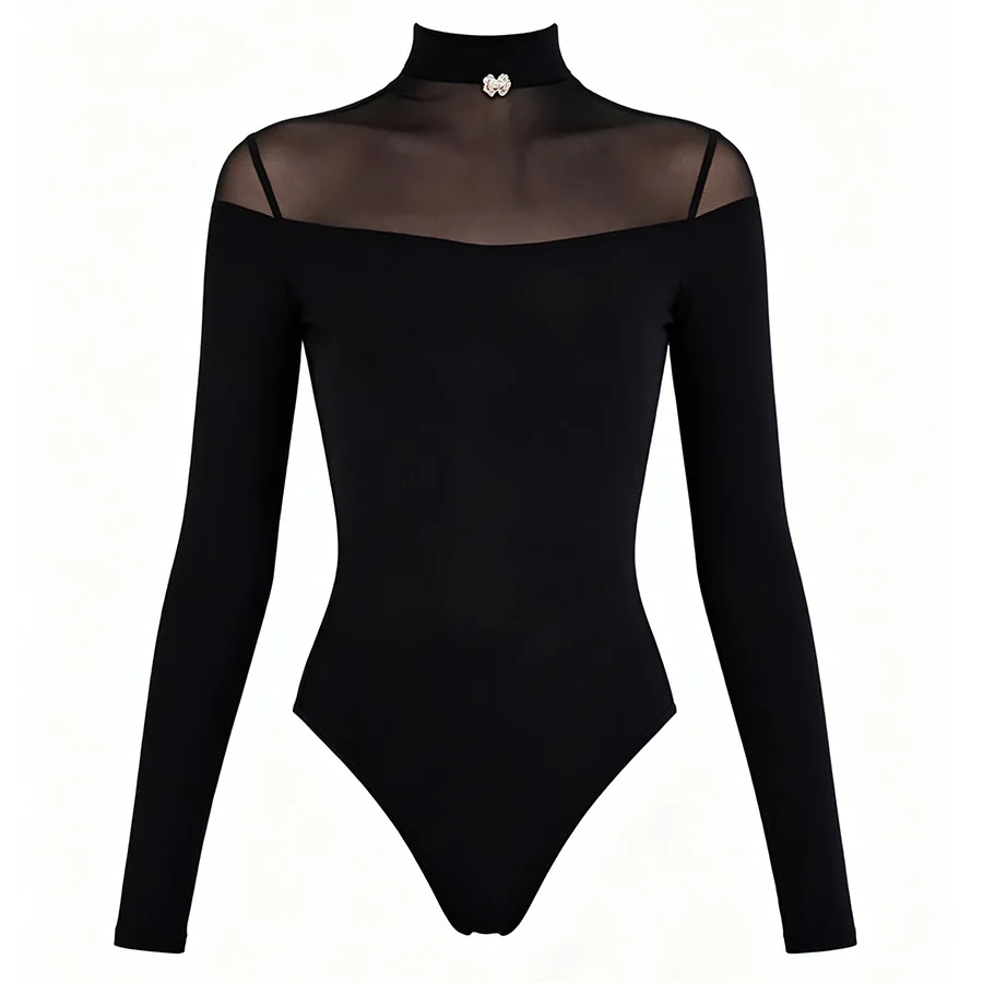 

Black Latin Dance Jumpsuit for Kids Sheer Neck Long Sleeve Open Back Ballroom Practice Wear