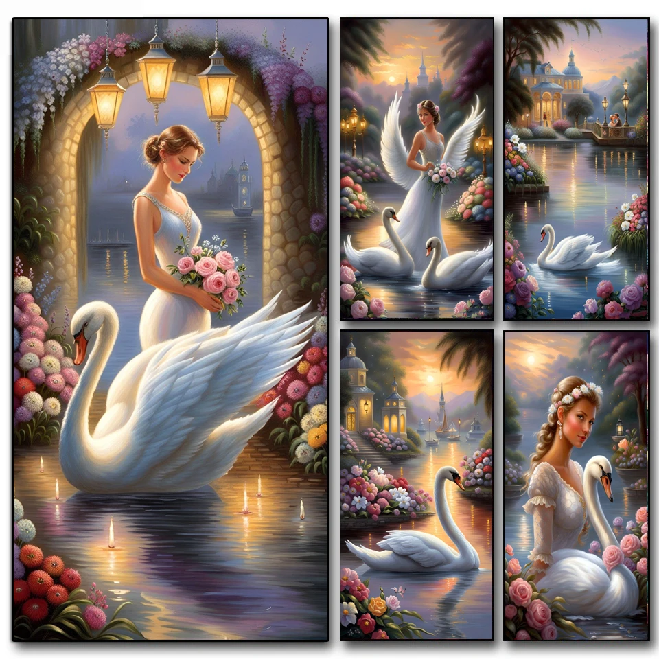 5D DIY Diamond Painting Jewelry Elegant Girl White Swan Landscape Cross Stitch Full Drills Mosaic Diamond Embroidery V706