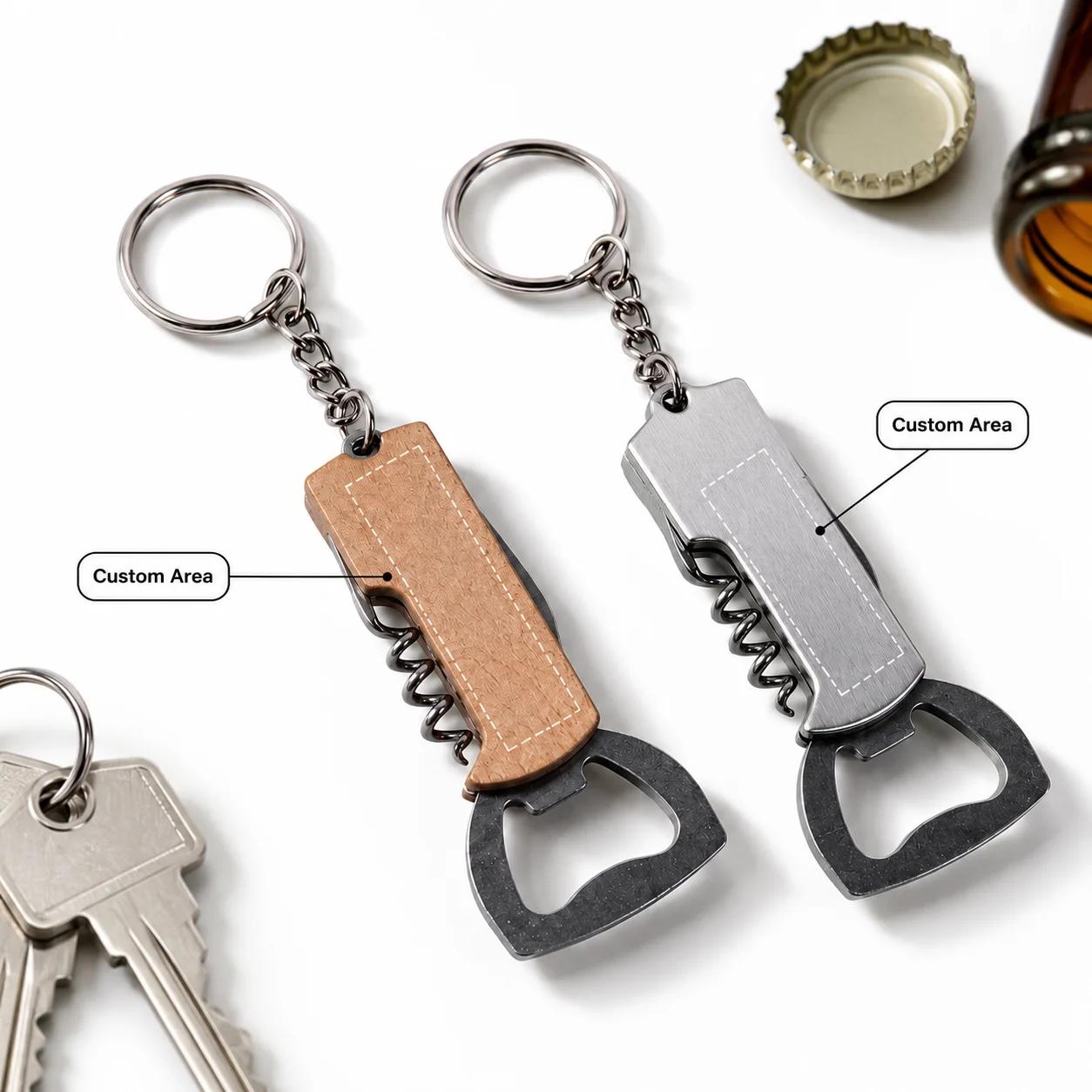 

Multitool Bottle Opener Keychain, Wood & Stainless Steel style Wine Corkscrew, Custom Engravable Portable Keychain Gadget Gift