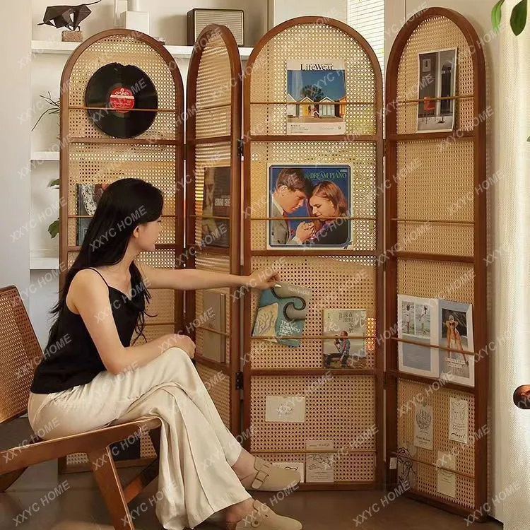 Mobile rattan folding screen living room bedroom entrance opposite door partition storage bookshelf