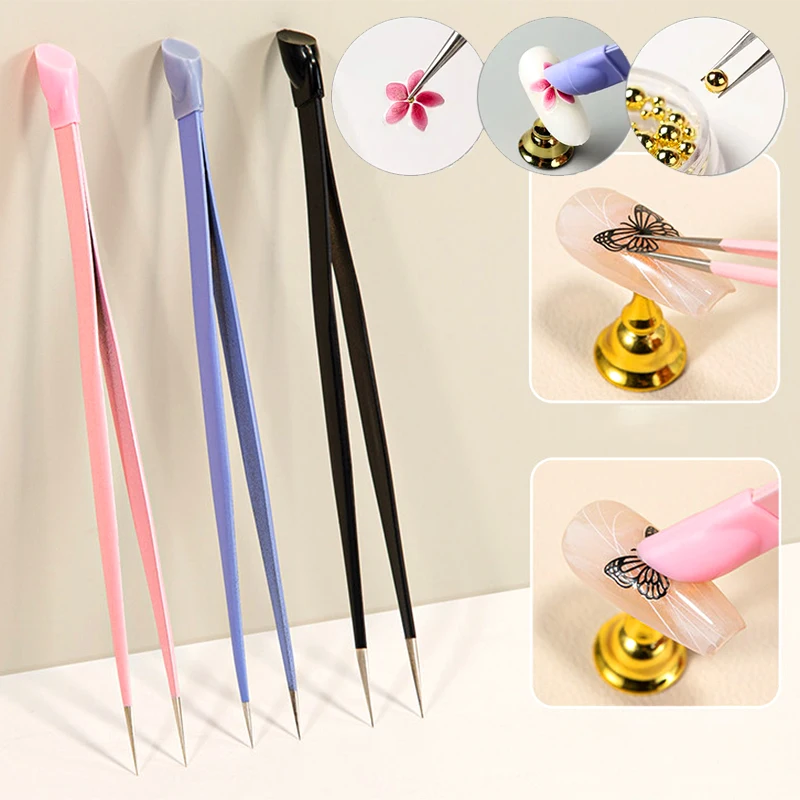 New Double Headed Tweezers Multi-Use Tweezers Silicone Pressing Head Nail Clipping Tool Take Sticker Tape Crystal Manicure Tools