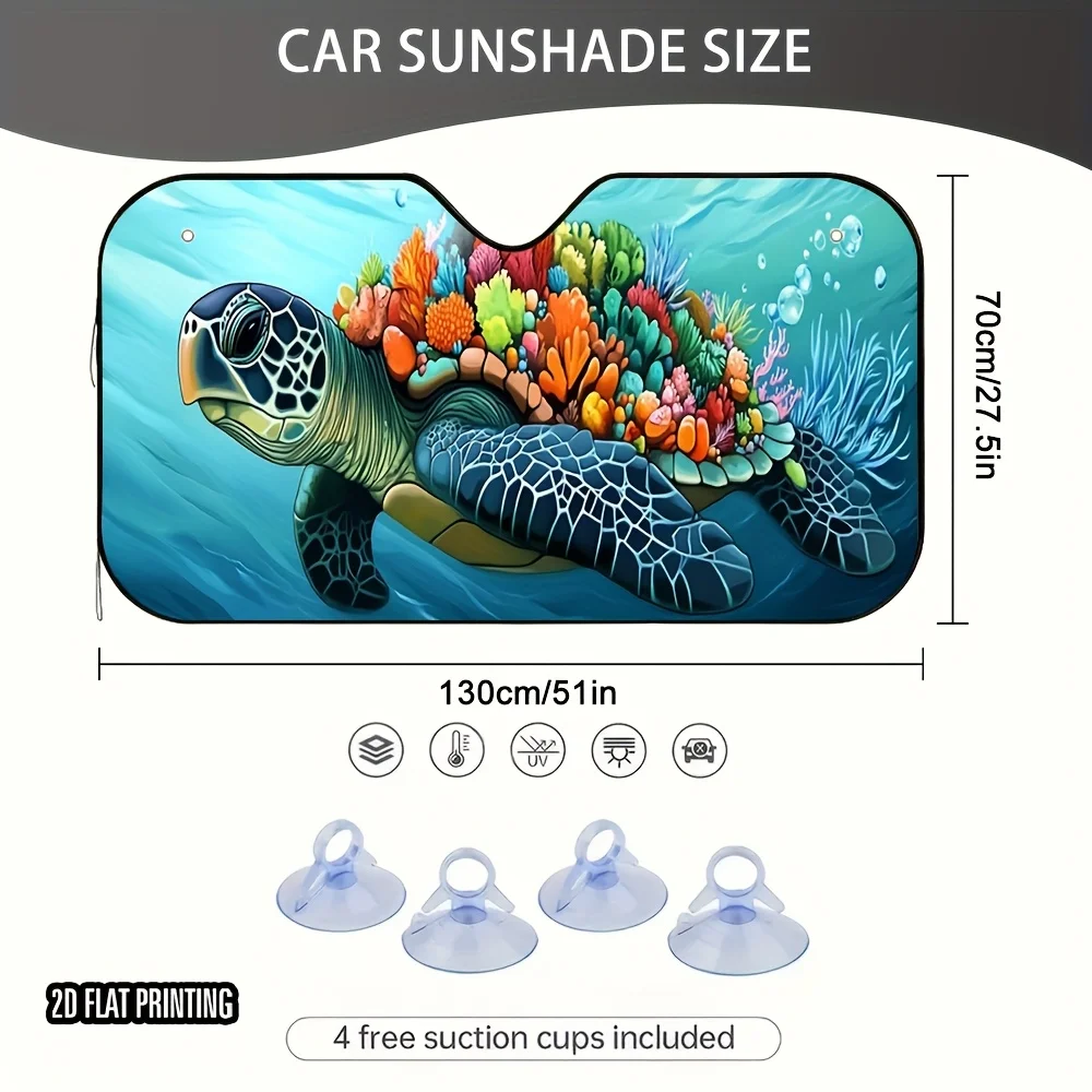 One Piece Of A Two-Dimensional Flat Garden Turtle Sunshade For Cars, Featuring Four Complimentary Suction Cups. It Boasts A High
