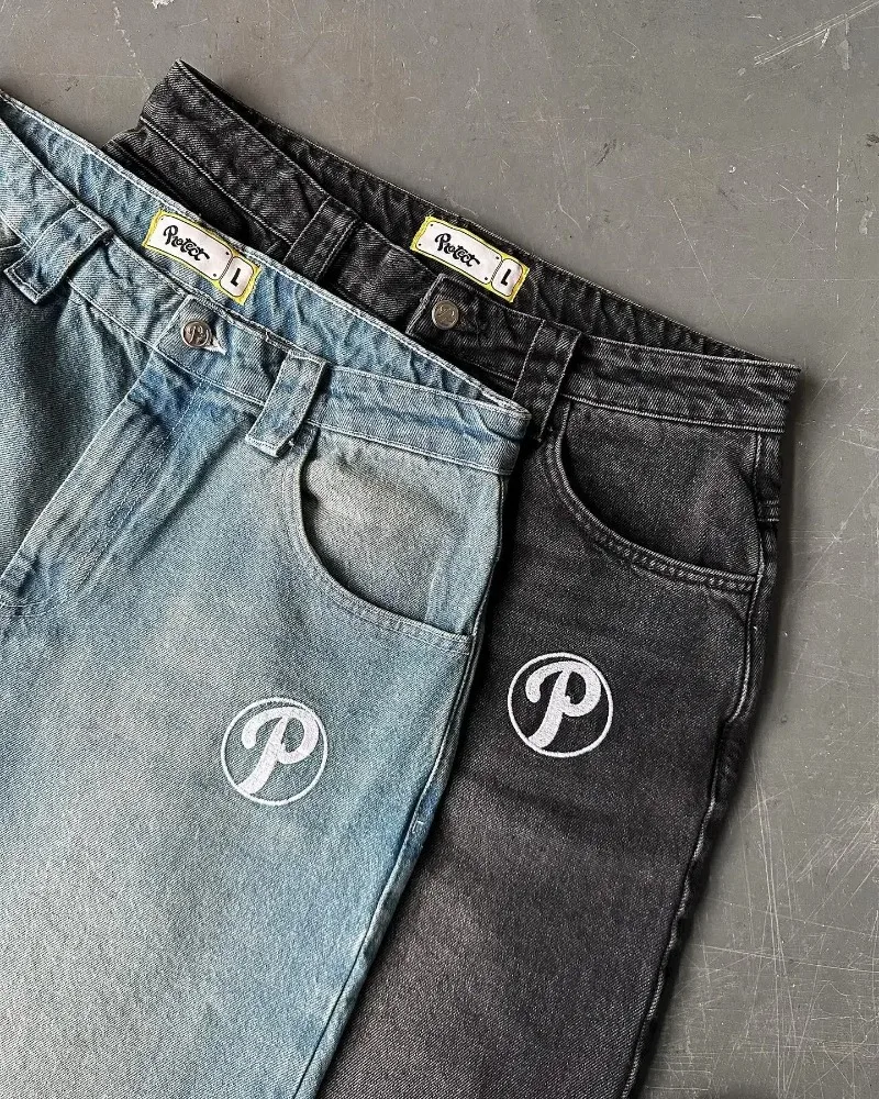 Jean Baggy Bleu Vintage à Taille Haute et Jambes Larges pour Homme, Pantalon de Style Hip Hop, avec Broderie de Lettres, Y2K Protect Streetwear, Harajuku