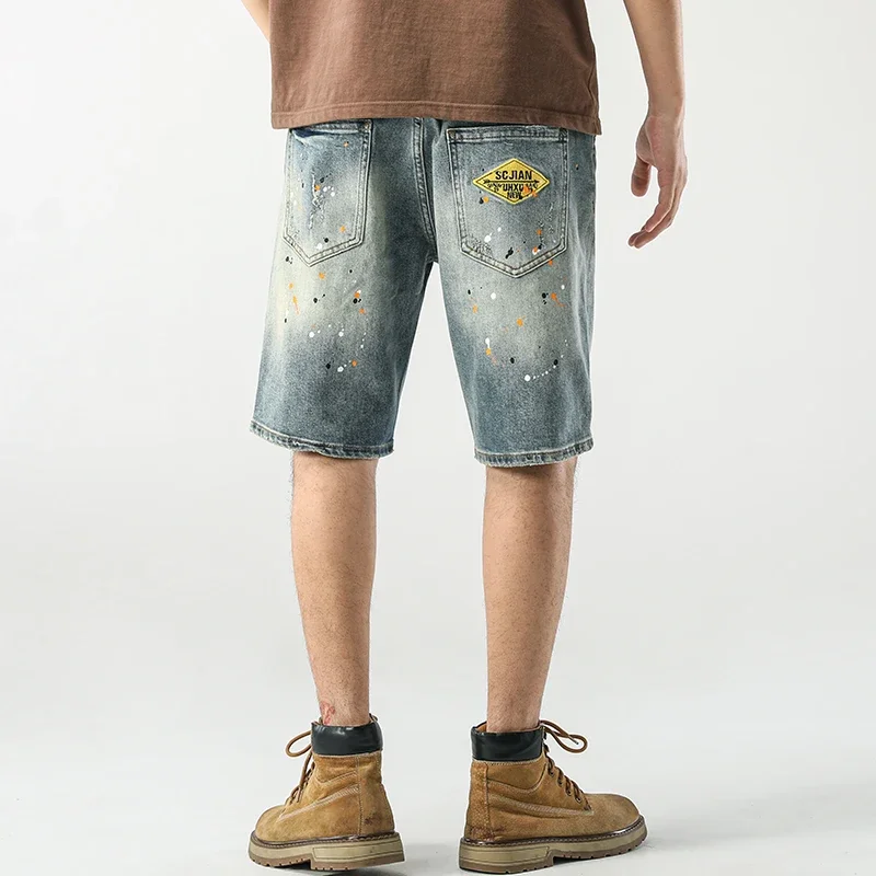 2024 Zomer Korte Jeans Mannen Broek Schilderij Bedrukt Lichtblauwe Stretch Denim Shorts Heren Streetwear Punk Stijl Motocycle Jeans Jongen