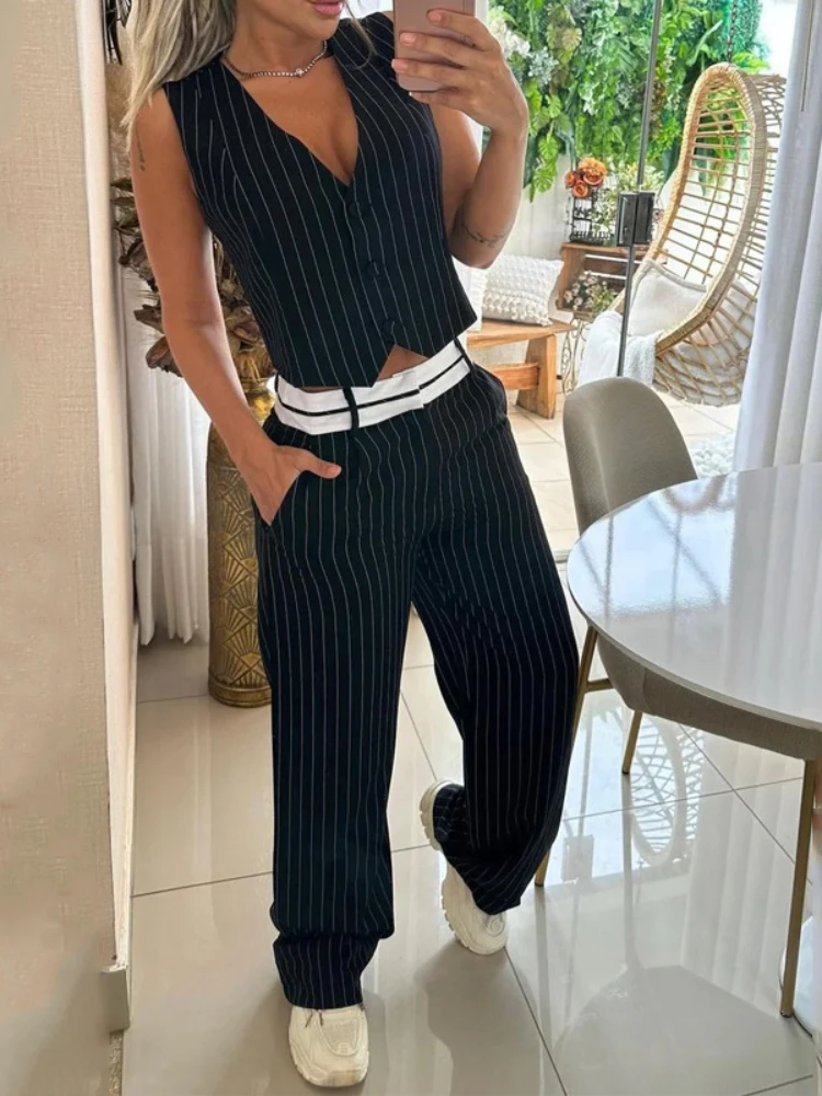 Pant Sets Tracksuit Striped Sleeveless Vest Two Pieces Wide Leg Pants Women Ankle Length Summer 2024 Pockets High Street