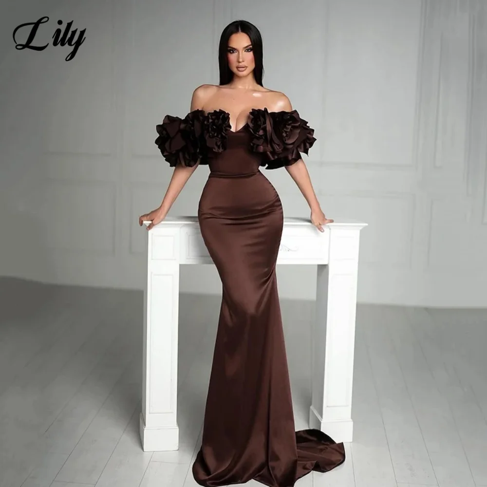 

Lily Elegant Off the Shoulder Formal Gown V-Neck Backless 3D-Flowers Prom Dress Satin Mermaid Evening Dress for Woman Customized