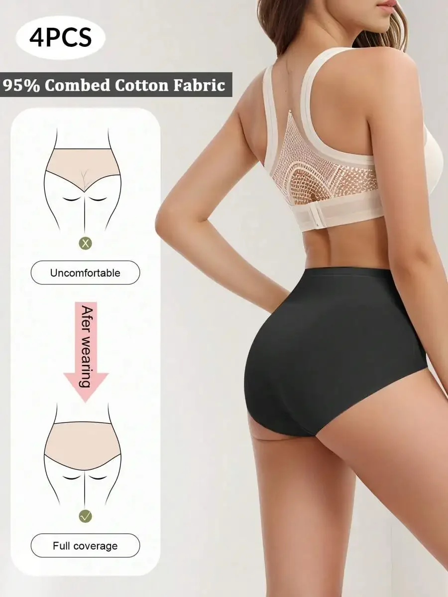 

4pcs High-Waisted Women Panties Soft Cotton Comfortable Full Coverage Underwear